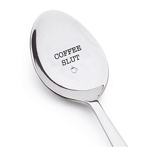 Cuchara de café grabada de acero inoxidable para expreso con texto en inglés 