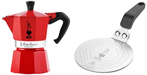 Bialetti Moka Express Red Cafetera Italiana Espresso, 3 Tazas + DCDESIGN08 Difusores de calor, adaptador para el utilizo de cafeteras y baterías de cocina sobre placas de inducción, Metal