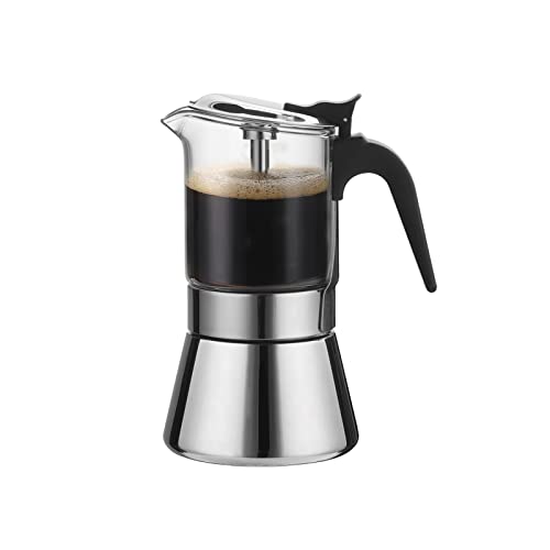 SIXAQUAE Cafetera de inducción Moka con válvula de presión, tapa de cristal y acero inoxidable Esprosso Moka, cafetera clásica italiana de 160 ml