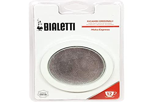 Bialetti 0800006 – Juego de 3 Juntas + Filtro para cafeteras Italianas de 12 Tazas, Metal, Color Blanco, 5 x 5 x 1 cm