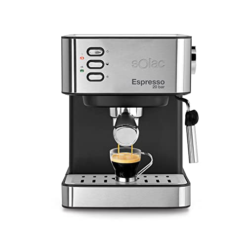 Solac - Cafetera Espresso INOX 2en1 20 Bar | Sistema Doble Salida y Super Crema | Bandeja Calientatazas | Vaporizador Orientable |1.2L| Apto Cápsulas y Café Molido | Apagado automático
