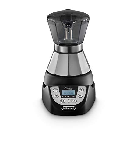 DeLonghi EMKP 21.B Cafetera moka eléctrica, 450 W, cronómetro, 2 tazas, acero inoxidable, negro y plateado