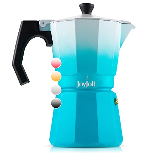 JoyJolt Cafetera italiana Moka Pot de 6 tazas, cafetera de café de aluminio azul con asas resistentes al calor. Cafetera portátil para camping, cafetera superior de estufa