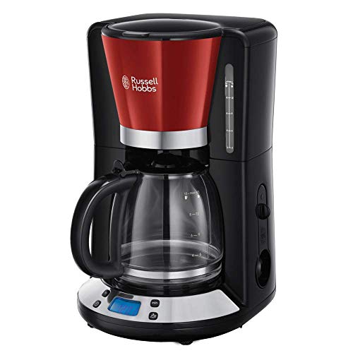 Russell Hobbs Cafetera de Goteo Colours Plus - 15 Tazas, Jarra Cristal 1,5L, Soporte Filtro Extraíble, Tecnología WhirlTech, Cuchara Medidora, Pantalla LCD, Programable, Negro y Rojo - 24031-56