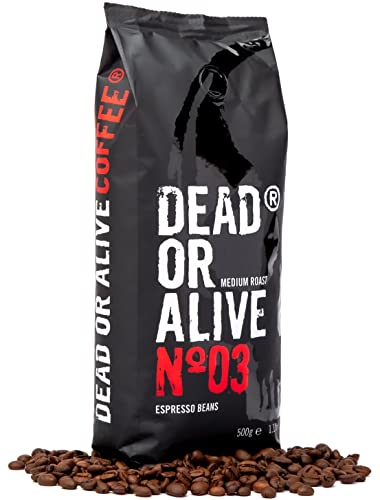 DEAD OR ALIVE Espresso No3 - Mezcla Italiana Extra Fuerte de Tostado Lento - Pura Robusta, la Mejor Crema - Gourmet, Tostado Intenso Vegano - Amantes de Java - Cafe en grano 500g