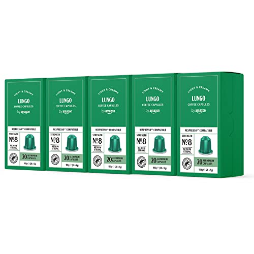 by Amazon Cápsulas de café Lungo compatibles con Nespresso, 100 cápsulas de aluminio (5 packs de 20) - Certificado por Rainforest Alliance