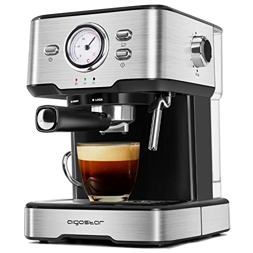 Aigostar Murphy - Cafetera espresso, 15 bar 1,5L, 1100W, Cafetera para Espresso y Cappuccino profesional con varilla espumadora de leche, brazo doble salida, cuchara dosificadora. Acero inoxidable