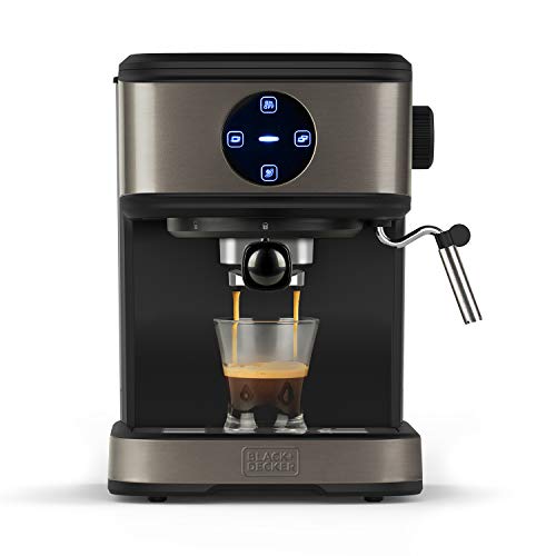 BLACK+DECKER BXCO850E - Cafetera espresso, 20bar, 1 o 2 cafés, función vapor, paro automático, cantidad programable, sistema extra cream, 1.5l, acabado antihuellas en acero inox, Negro, 850W