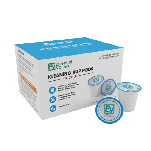 Essential Values - Pack de 10 Cápsulas Limpiadoras para Cafetera Express Keuring K-Cup Incluyendo Compatibles 2.0, Seguras y Efectivas – Cápsulas Descalcificadoras No Tóxicas - Fabricadas en EE. UU.
