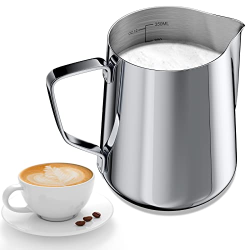 Gvolatee 350ml Jarra Leche Barista 304 Acero Inoxidable, Jarra de Leche con Marca de Medición 12oz, Jarra Cafe para Capuchino, Espresso, Perfecta para Los Amantes del Café,Latte Art, Plata