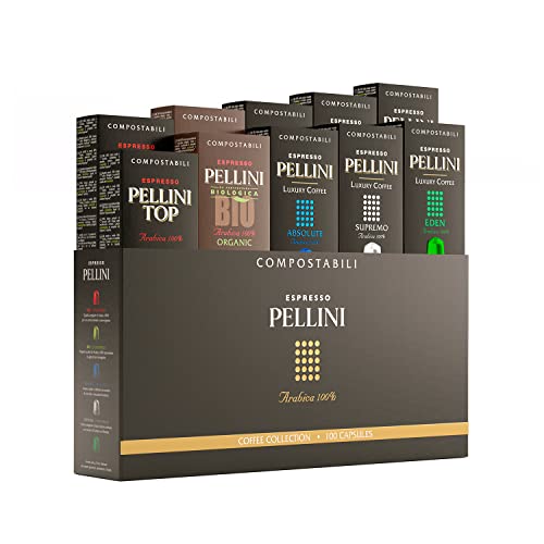 Pellini Gift Box Multipack, 100 Cápsulas de Café Compostables Autoprotegidas, Compatibles con Máquina Nespresso 500 g