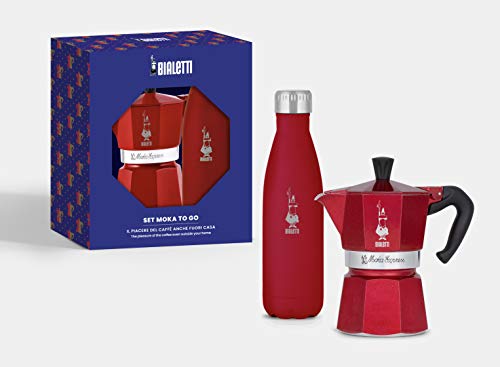 Bialetti To Go Set, Moka Express Red de 3 Tazas + Botella térmica roja de 500 ml, Paquete, Aluminio, En Caja de Regalo, 1.25 picometer