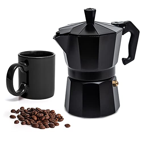 Mixpresso Regalo de aluminio Moka estufa cafetera con una taza, cafetera Moka Pot para estufa de gas o eléctrica, cafetera italiana clásica (negro)