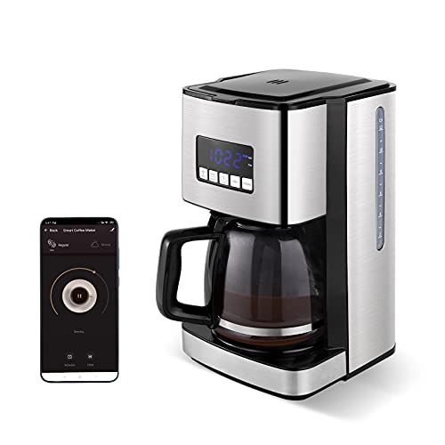 SYSYLY Cafetera Goteo,Máquina de café Smart WiFi, plateada/acero inoxidable, jarra de 12 tazas, filtro reutilizable, compatible con Alexa, Google, iOS, Android Wi-Fi y la aplicación Smart Life
