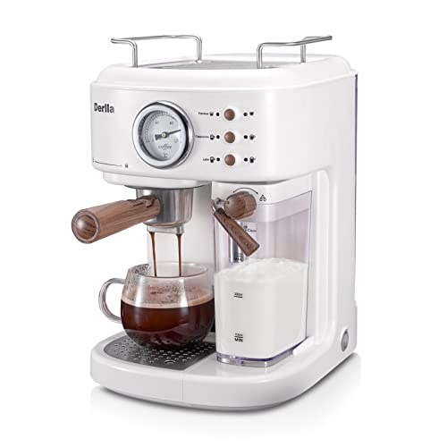 Derlla máquina de café espresso, máquina de café retro, 20 bares, capuchino, latte macchiato, rejilla antigoteo extraíble de acero inoxidable, bandeja antigoteo apta para lavavajillas, color blanco