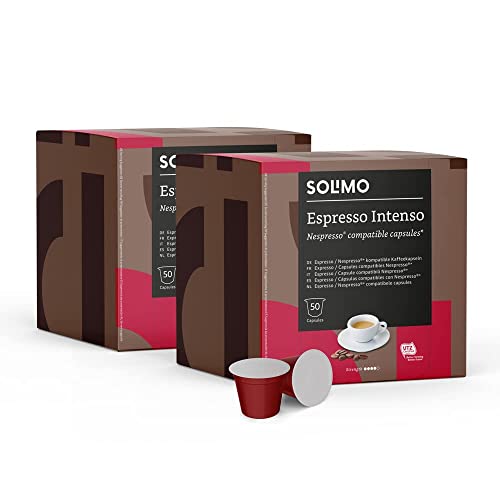 Marca Amazon - Solimo Cápsulas de café Espresso Intenso compatibles con Nespresso, 100 cápsulas (2 packs de 50) - Certificado por Rainforest Alliance