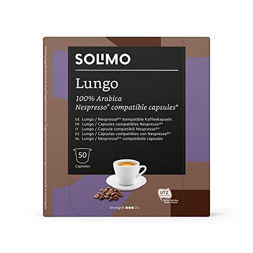 Marca Amazon - Solimo Cápsulas de café Lungo compatibles con Nespresso, 50 cápsulas (1 x 50) - Certificado por Rainforest Alliance