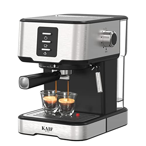 KAIFSTYLE Máquina de café espresso, Prevención de fugas de agua, Silenciosa, Calentamiento rápido en 1min, Control de temperatura profesional,1,5 l, 2 Tazas, Inoxidable, Plata Negro