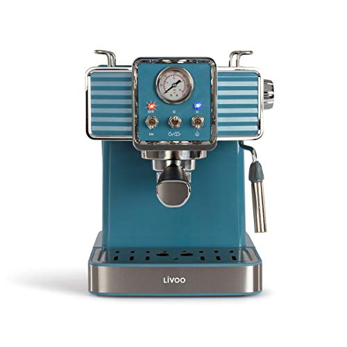 LIVOO Feel good moments - Máquina de café expreso de 15 barras, calentador termoblock | boquilla de vapor de capuchino, leche caliente | Retro Look Blue, 1350W DOD174 Azul
