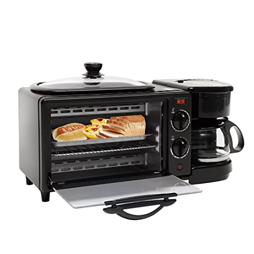 Horno 3 en 1 tostadora barbacoa horno pizza para camping 9 L Bandeja extraíble para desayuno con máquina de café, mini horno con placas de inducción