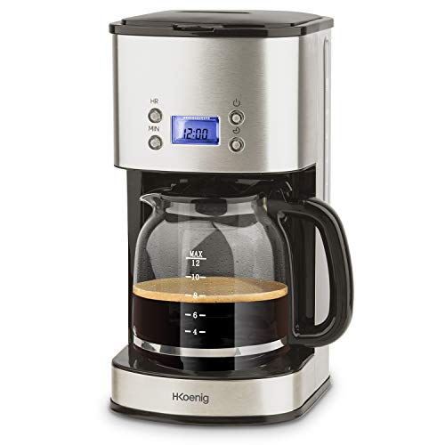 H.Koenig MG30 Cafetera de Goteo Programable, 12 Tazas, 1.5 Litro, 1000 W, Jarra de Vidrio, Gris, Acero Inoxidable