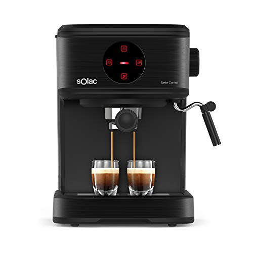 Solac - Cafetera espresso Taste Control | Pantalla táctil | 20bar | Expresso, Cappuccino | 850W | Parada automática | 1-2 cafés | Monodosis o molido | Vaporizador de acero inoxidable | 1.5L | Negra