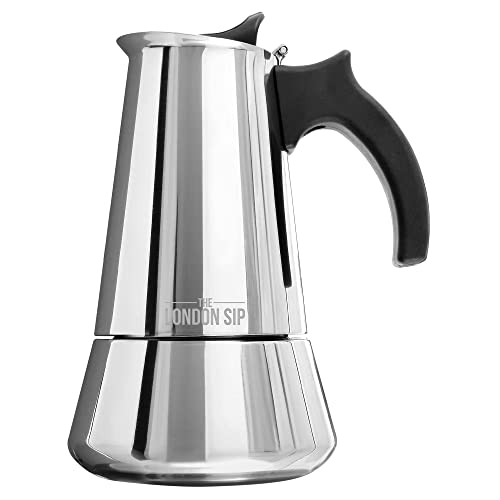 Cafetera clásica Italiana de Inducción en Acero Inoxidable - Prepara café de calidad al estilo italiano en tu casa con esta Cafetera Moka Pot en Cromo Moderno (Plateada, 10 Tazas)