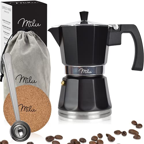 Milu Cafetera Italiana inducción | 6 Tazas | Cafetera Moka de Aluminio, Expresso Maker - Set comprensivo di sottobicchiere, cucchiaio, spazzola (Negro, 6 tazze (300ml)