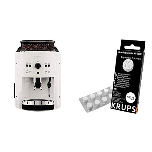 Krups EA810570 Cafetera automática 15 bares de presión, 1450 V, 1.6 L, acero inoxidable + Espresseria Automatic Pastillas limpiadoras para maquinas de café, Blanco