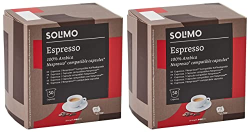 Marca Amazon - Solimo Cápsulas de café Espresso compatibles con Nespresso, 100 cápsulas (2 packs de 50) - Certificado por Rainforest Alliance