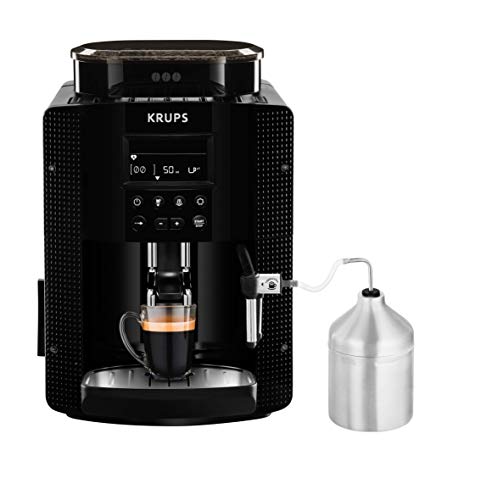 Krups Essential EA81M8-Cafetera súper automática, 15 Bares de presión, Molinillo cónico de Metal, con selección de cantidad e Intensidad de café, 1.7 l, 1 Cups, Acero, Pantalla LCD + Acc. Leche