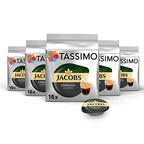 Tassimo Cápsulas de Café Jacobs Espresso, Café Molido de Tueste Natural, Certificado Rainforest Alliance, 5 x 16 T-Discs
