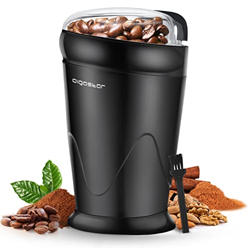 Aigostar Molinillo de Café Eléctrico, Molino Cafe Cereales con Cuchillas Acero Inoxidable, Capacidad 60gr con Cepillo para Limpieza, Tapa Transparente, Libre de BPA, Negro