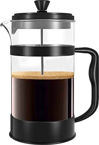 KICHLY Cafetera de prensa francesa - Cafetera portátil con triple filtro - Vidrio resistente al calor con carcasa de acero inoxidable - Jarra grande para el hogar - 1000ml / 1 Litro / 34Oz - Negro