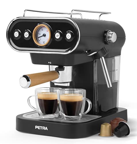 Petra PT5108VDEEU7 Cafetera espresso electrica de estilo retro, compatible con cápsulas de 30/54 mm y café molido, vaporizador de leche ajustable, bomba de presión italiana de 19 bar, sin BPA, 1050 W