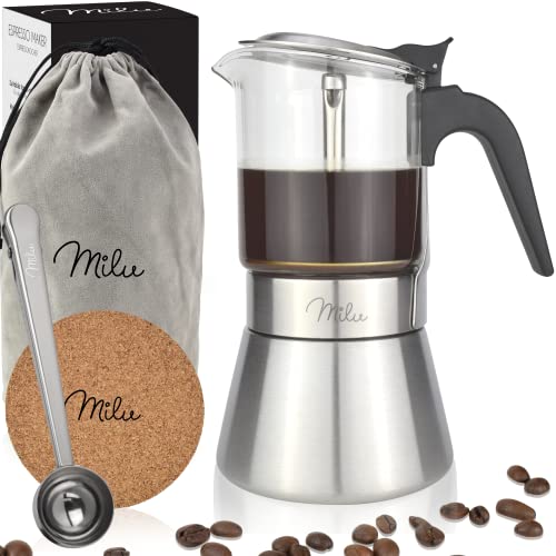 Milu Cafetera Italiana inducción | 4, 6 Tazas | Cafetera Moka de Acero Inox Vidrio, Expresso Maker - Set comprensivo di sottobicchiere, cucchiaio, spazzola (6 tazze da 300 ml)