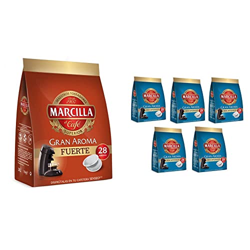 Marcilla Café Fuerte para máquina Senseo - 5 paquetes de 28 monodosis (Total 140 monodosis) & monodosis GRAN AROMA DESCAFEINADO - [Pack de 5]
