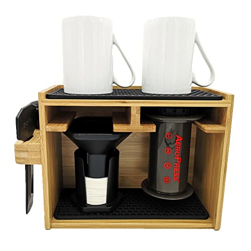 HEXNUB Soporte Organizador de bambú Premium para cafetera Aeropress para filtros, Tazas y Accesorios de la cafetera Aeropress con Alfombrilla de Silicona antigoteo - Negro