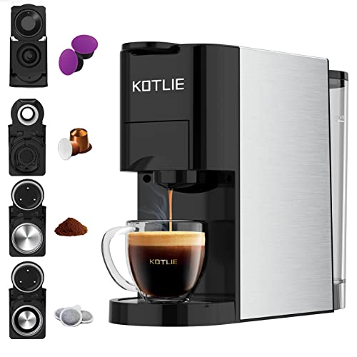 Expreso 4 en 1 Cafetera de Capsulas para Dolce Gusto/Nespresso Original/Ground/ESE Pods,19 Bar Alta Presión Apagado Automático Depósito cafetera capsulas (Negro)