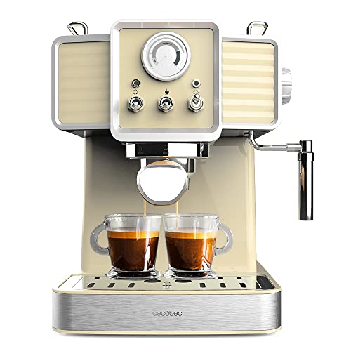 Cecotec Cafetera Express Power Espresso 20 Tradizionale Light Yellow. 1350 W, Espresso y Cappucicno, 20 Bares y Thermoblock, Vaporizador, Manómetro, Diseño Vintage, Capacidad 1,5 Litros