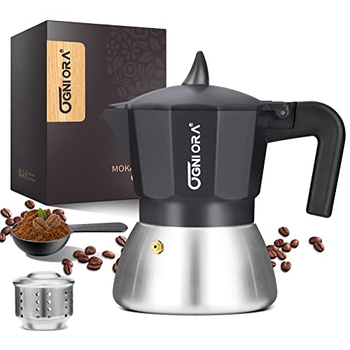 OGNI ORA Cafetera de café con doble válvula para evitar salpicaduras de café (4 tazas de 150 ml), para gas, cocina eléctrica y vitrocerámica