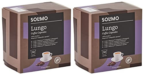 Marca Amazon - Solimo Cápsulas de café Lungo compatibles con Nespresso, 100 cápsulas (2 x 50) - Certificado por Rainforest Alliance