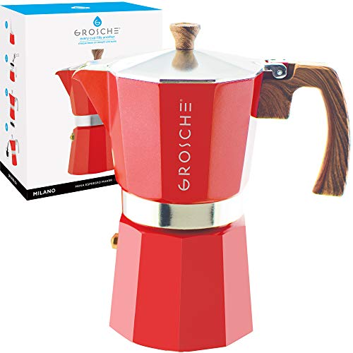 GROSCHE Milano Stovetop Espresso Maker Moka Pot 9 tazas de espresso, 15 onzas, rojo – Cafetera cubana Cafetera de estufa cafetera Moka Italian Espresso Greca cafetera cafetera cafetera percolador