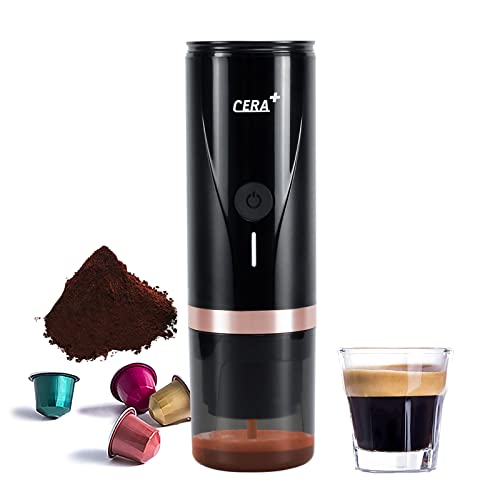 CERA+ Máquina de Espresso Eléctrica Portátil Auto-calentamiento en 3-4 Minutos, Cafetera Mini de 20 Bares con Batería Recargable. Compatible con Cápsulas NS y Café Molido para Viajes y Camping.