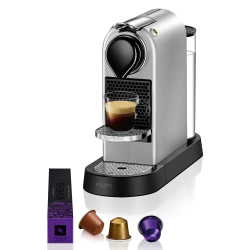 Krups Nespresso Citiz XN741B - cafetera de cápsulas monodosis, con 19 bares de presión, thermoblock, función automática con botones retroiluminados, color Plata, 14 cápsulas