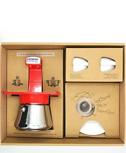 Generico Café Espresso GEMINI rojo para inducción o cocina clásica caja de regalo con 2 tazas, para un café cremoso