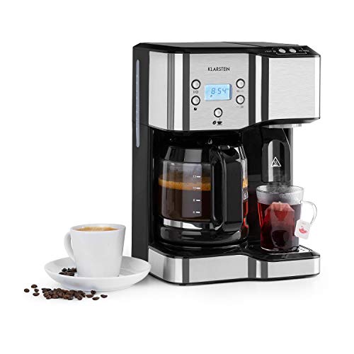 KLARSTEIN Caldetto - Cafetera, Dispensador de agua caliente, Potencia de 1900 W, Temporizador, Apagado automático, Depósito de café 1,8 L, Pantalla LCD, Bandeja y rejilla de goteo extraíble, Negro