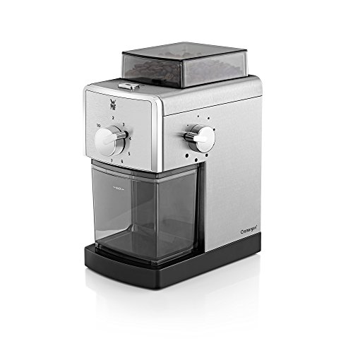 WMF Stelio - Molinillo eléctrico de café, Capacidad 180 gramos, Acero Inoxidable, Cromado/Negro, 17 ajustes, 110 W