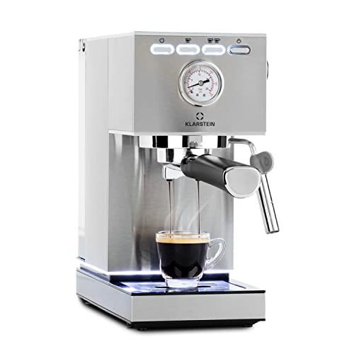KLARSTEIN Pausa cafetera espresso, 1350 W, máquina de café, 20 bares de presión, depósito de agua: 1,4 litros, acero inoxidable, plateado