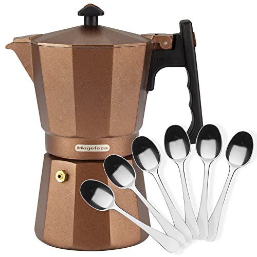 MAGEFESA ® Jamaica Brown cafetera italiana con capacidad para 12 tazas, 600 ml, fabricada en aluminio extra grueso, todo tipo de cocinas, incluido induccion (Cafetera 12 Tazas + 6 Cucharas moka)